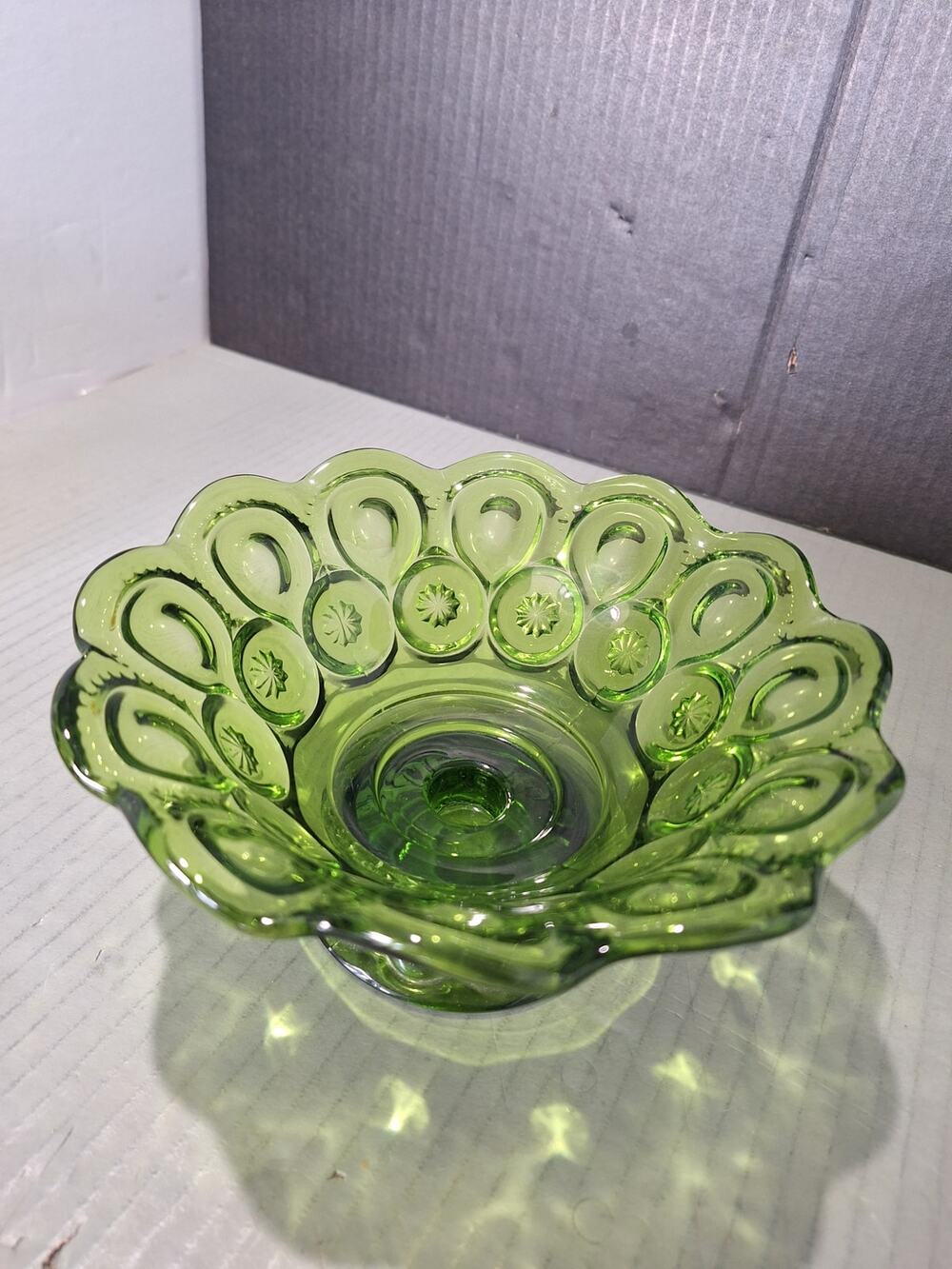 L.E. Smith Moon & Stars Avocado Green Glass Footed Compote Candy Dish 7.75"